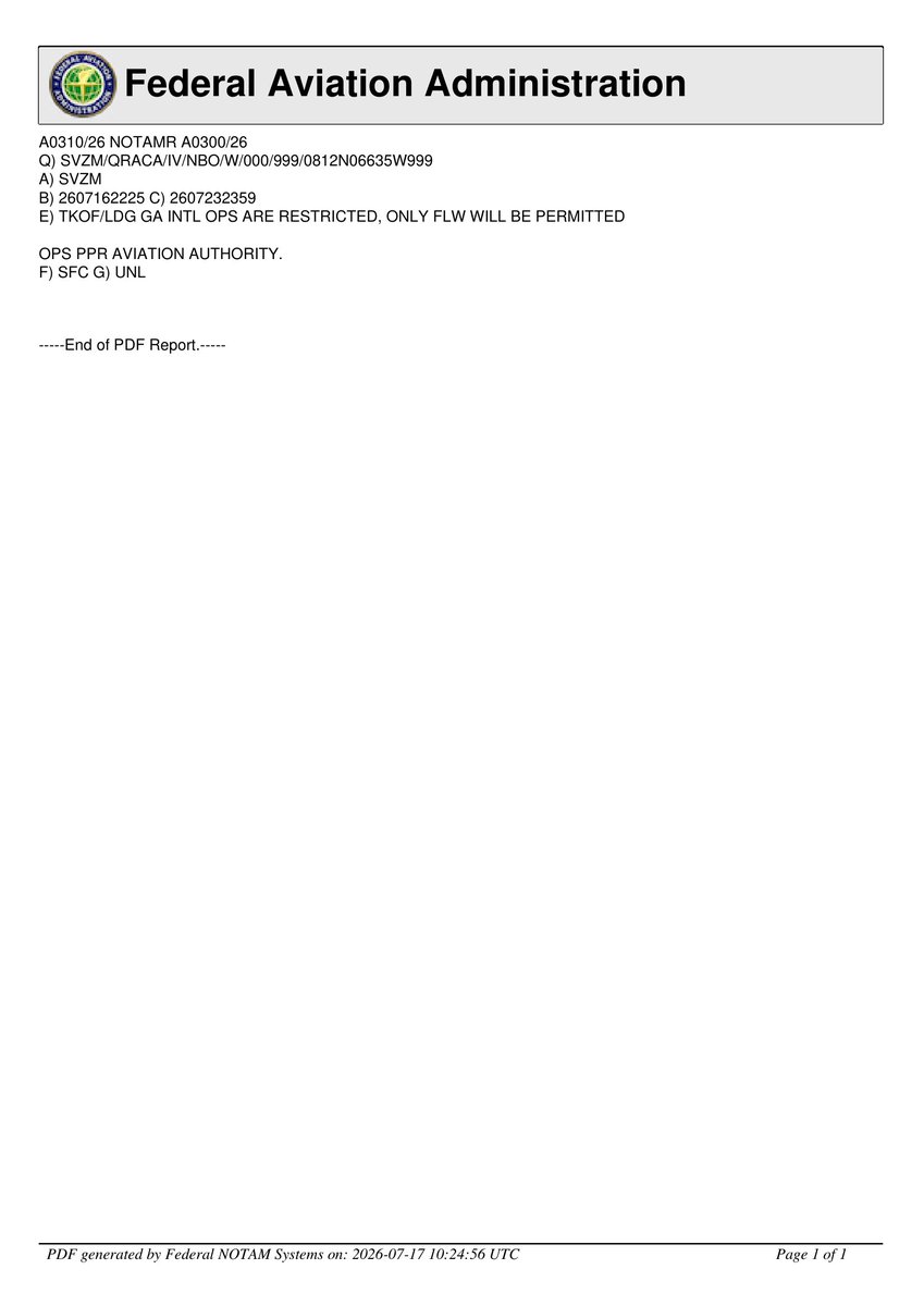 guilledearmas's tweet photo. 🚨 #NOTAM A0310/26 del FIR Maiquetía:
➡️ Se extiende hasta el 23JUL la exigencia de autorización previa por parte de la Autoridad Aeronáutica venezolana para los vuelos internacionales de aviación general con origen o destino en aeropuertos venezolanos. https://t.co/X3Ptgtv5Ln