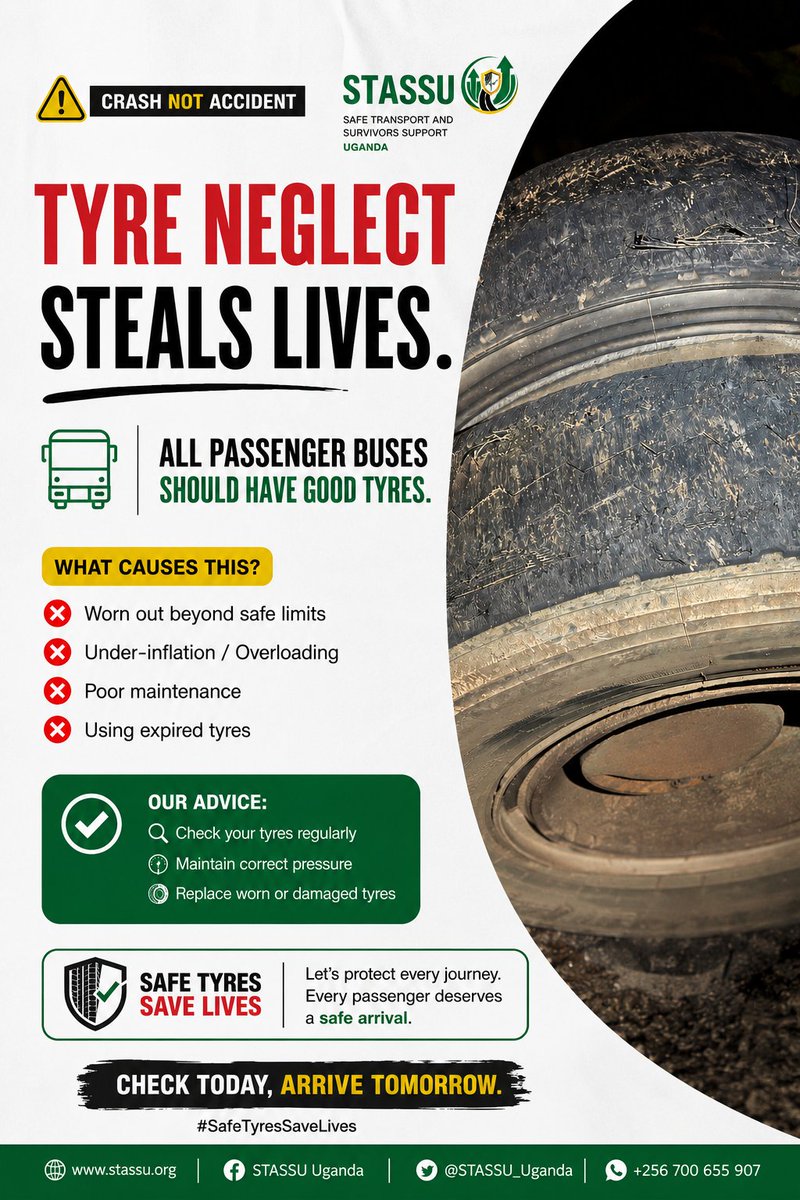 BambanzaSam's tweet photo. This tyre didn't fail overnight—it was neglected. No passenger bus should operate with tyres in this condition. Safe, roadworthy tyres save lives.
#CrashNotAccident #TyreSafety #RoadSafety #STASSUUganda https://t.co/ePlhMHRnyY