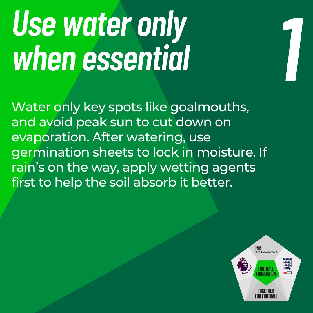 FootballFoundtn's tweet photo. We know it's a challenging time for pitches 🌱☀️

Five quick tips to protect your turf through the current dry weather conditions 🧵👇

Play your part and share this with your fellow Groundskeepers 🙌

Delivering great places to play thanks to the @premierleague, @FA and @DCMS https://t.co/I2GqArHpxP