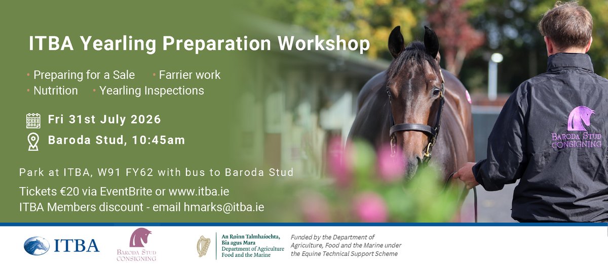 bloodstocknews's tweet photo. ITBA Yearling Preparation Workshop💫

🗓️Friday 31st July 2026
📍Baroda Stud, 10.45 am

Tickets €20, book now👇
https://t.co/JBISzeLE2u https://t.co/XmAkOMIwFm