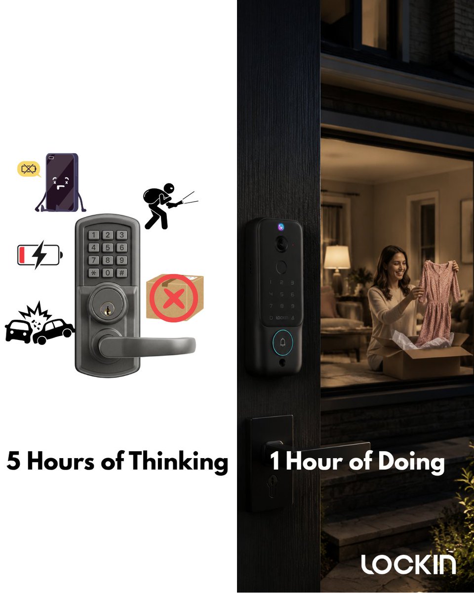 Lockin_global's tweet photo. 5 Hours of Overthinking  vs. 1 Second of Doing 
Nothing tests your patience like a dead smart lock when you really need to use the restroom, or fumbling for keys right when the winning goal is being scored.  And let's not even talk about the anxiety of leaving a package on the porch.
Enter Lockin. We eliminate the chaos at the door. No keys? No problem. Hands full? Just hover your palm for instant entry. Worried about power? Let the sun handle it. 
Stop overthinking your front door.
Make sure to follow our page! We have a huge surprise event coming your way soon. 
#Lockin #SmartHomeTech #LifeHacks #HomeTech #KeylessEntry #VenoSolar #HomeUpgrades