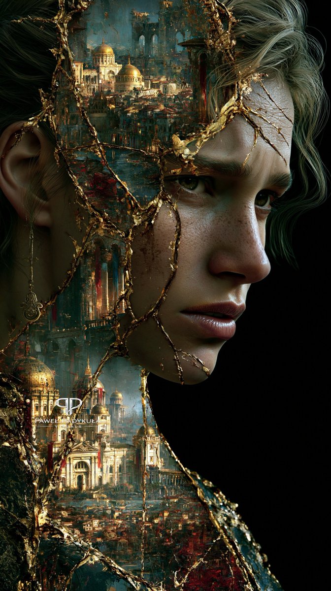 NeoSynthVisions's tweet photo. ✨ A forgotten civilization lives beneath a fragile human soul, where every crack reveals echoes of a lost world and timeless beauty. 🏛️🌫️💛
🎨 Prompt Midjourney: Description
#airt #digitalart #fantasy #surrealism #Midjourney #midjourneyart #photography #painting #oilpainting #surrealism #doubleexposure