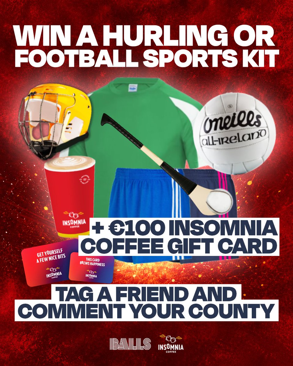 ballsdotie's tweet photo. To celebrate the All-Ireland Final this Sunday, we've teamed up with Insomnia to give you the chance to
win a Hurling or Football sports kit and a €100 Insomnia Coffee gift card!

To enter simply:
1. Follow @ballsdotie and @_InsomniaCoffee 
2. Tag a friend below and comment your county

Winner announced before throw-in on Sunday. Good luck!