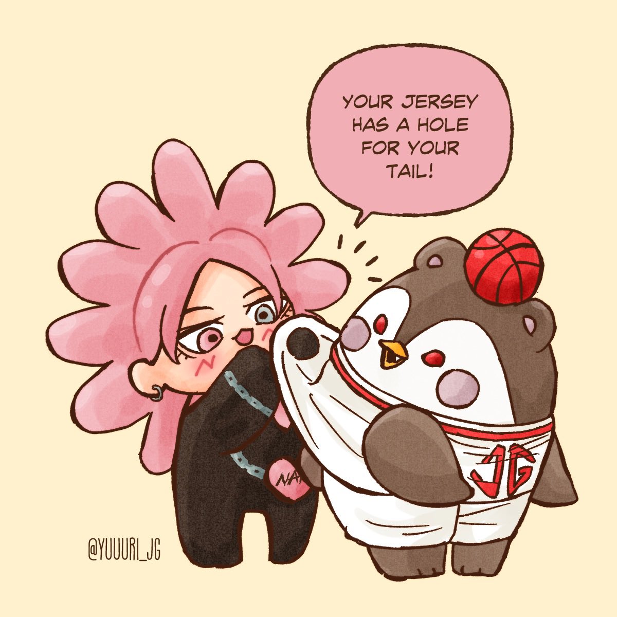 yuuuri_JG's tweet photo. Neona was curious 👀 

#GUINZLY #NEONA 

Irl mascot Guinzly’s tail is attached to his jersey, so if Neona lifts the hem up the tail will take off from Guinzly‘s butt 😂 https://t.co/HRiw1jHZXG