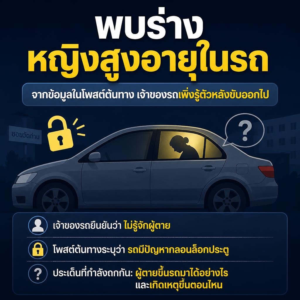 BUTITFIX's tweet photo. หญิงสูงอายุถูกพบเสียชีวิตในรถ หลังเจ้าของรถขับออกไปโดยไม่รู้ตัว

จากข้อมูลในโพสต์ต้นทาง เจ้าของรถเป็นพ่อค้าเขียงหมู บอกว่าจอดรถไว้ที่คอนโดฯ ในซอยวัดด่าน ก่อนกลับมาใช้งานและเพิ่งมาพบว่ามีร่างหญิงสูงอายนอนอยู่เบาะหลัง

- เจ้าของรถยืนยันว่าไม่รู้จักผู้ตาย
- โพสต์ต้นทางระบุว่า https://t.co/P9a4p3FW34