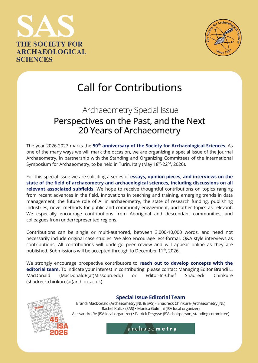 socarchsci's tweet photo. 𝐂𝐚𝐥𝐥 𝐟𝐨𝐫 𝐂𝐨𝐧𝐭𝐫𝐢𝐛𝐮𝐭𝐢𝐨𝐧𝐬–𝐀𝐫𝐜𝐡𝐚𝐞𝐨𝐦𝐞𝐭𝐫𝐲 𝐒𝐩𝐞𝐜𝐢𝐚𝐥 𝐈𝐬𝐬𝐮𝐞:𝐏𝐞𝐫𝐬𝐩𝐞𝐜𝐭𝐢𝐯𝐞𝐬 𝐨𝐧 𝐭𝐡𝐞 𝐏𝐚𝐬𝐭, 𝐚𝐧𝐝 𝐭𝐡𝐞 𝐍𝐞𝐱𝐭 𝟐𝟎 𝐘𝐞𝐚𝐫𝐬 𝐨𝐟 𝐀𝐫𝐜𝐡𝐚𝐞𝐨𝐦𝐞𝐭𝐫𝐲
The year 𝗺𝗮𝗿𝗸𝘀 𝘁𝗵𝗲 𝟱𝟬𝘁𝗵 𝗮𝗻𝗻𝗶𝘃𝗲𝗿𝘀𝗮𝗿𝘆 𝗼𝗳 𝗦𝗔𝗦 https://t.co/gcYnaFGCw7