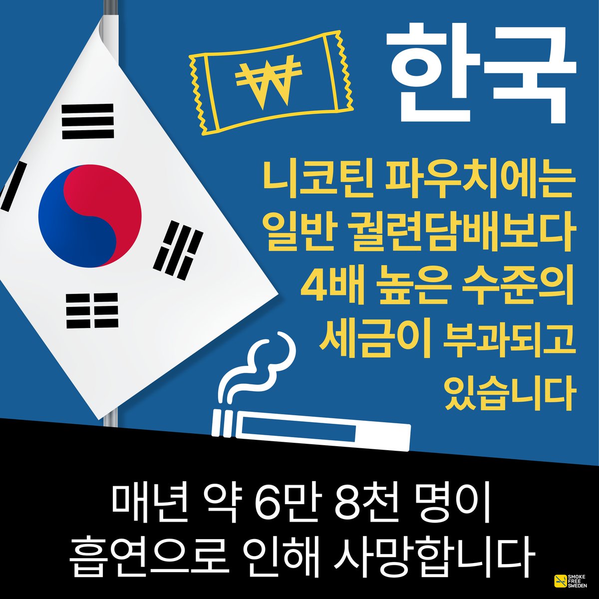 SmokeFreeSweden's tweet photo. 한국의 흡연율은 스웨덴보다 3배 높습니다.

새로 발간된 '두 나라(Two Nations)' 보고서에서 그 이유를 설명합니다.

한국에는 흡연자들이 (덜 해로운 제품으로) 전환하도록 돕는, 위험 수준에 비례한 정책이 필요합니다.