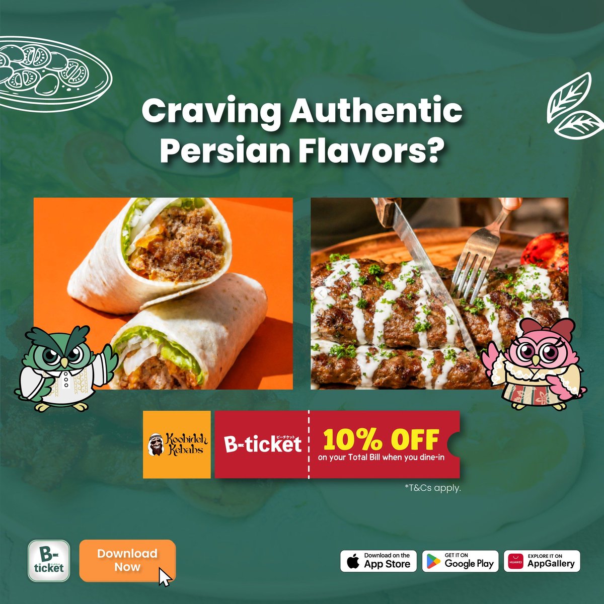 bticket_ph's tweet photo. Discover the bold flavors of authentic Persian cuisine and 𝗲𝗻𝗷𝗼𝘆 𝟭𝟬% 𝗢𝗙𝗙 your total dine-in bill at Koobideh Kebabs, exclusively with B-ticket. 📷

Download B-ticket today.
📷 https://t.co/Llbyfz2H60

#BticketPH #KoobidehKebabs #LifestyleDealsPH #PromosAndDeals #PHCoupons #DiscountApp #DiningDeals