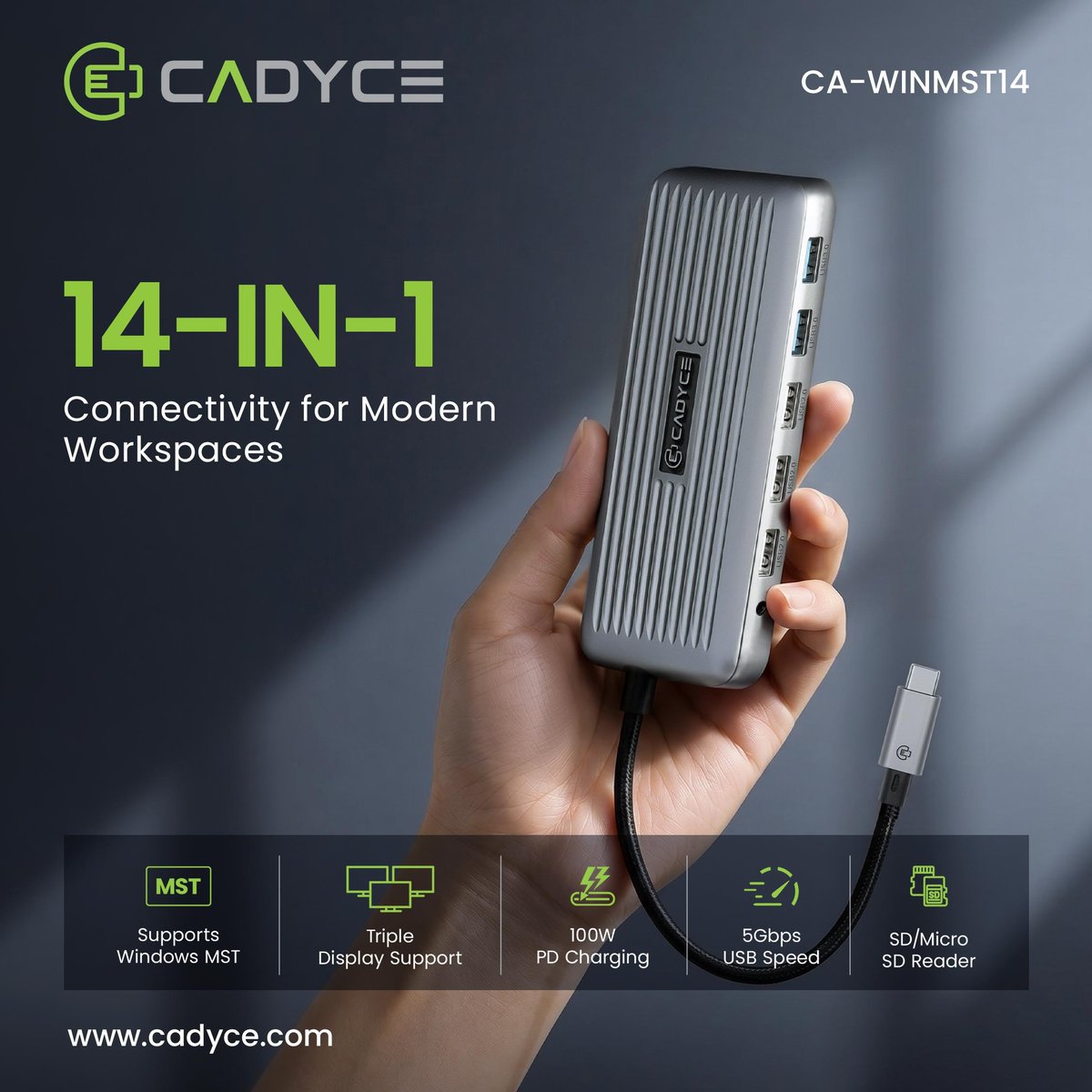 cadyceinc's tweet photo. One Dock. Endless Possibilities. 🚀
Expand your workspace with the CADYCE CA-WINMST14 – featuring dual 4K HDMI, VGA, USB ports, Gigabit LAN, SD/MicroSD, Audio & 100W Power Delivery.
#CADYCE #DockingStation #USBC #Productivity #WorkSmart https://t.co/DZKVTESTNi