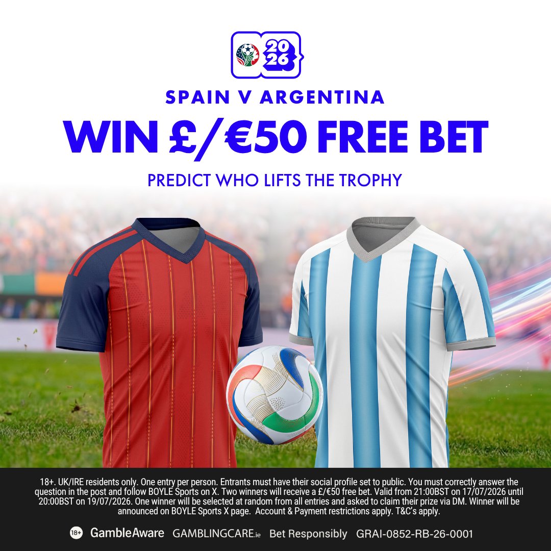 BoyleSports's tweet photo. Back Yourself and you could win a £/€50 Free Bet!

To enter:
⦿ Follow @BOYLESports
⦿ Retweet this post
⦿ Predict who lifts the World Cup trophy

Tap below for full terms &amp; conditions