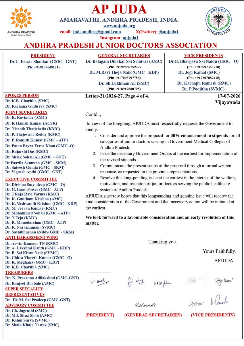 APJUDAOfficial's tweet photo. Respected @naralokesh Garu, as the TDP National Working President & a leader championing institutional growth, we would like to bring a critical grievance to your notice. The AP Junior Doctors Association ( @apjuda1 ) represents the collective voice of House Surgeons, PGs, Super Speciality PGs and Senior Resident Doctors across AP. 

Junior doctors are the frontline backbone of AP’s public healthcare system. However, the Government approved periodic stipend enhancement which is due from January 2026, has remained completely unresolved for more than 7 months now, despite multiple representations (dating back to Dec 2025) and repeated administrative verbal assurances. 

With a massive pay disparity growing between AP & neighboring Telangana (up to 37%), our medical fraternity faces severe financial distress. We earnestly request your urgent intervention to expedite the G.O. and resolve this long-pending issue. Detailed representation attached. 🙏🩺 

#AndhraPradesh
#MedTwitter
#APJUDA
#TDPTwitter