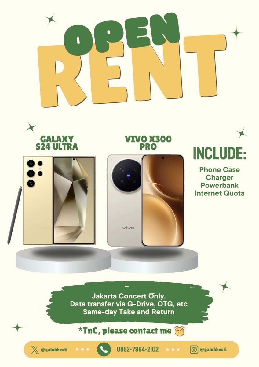 galuhhesti's tweet photo. OPEN RENT HP

📱 VIVO X300 PRO dan SAMSUNG S24U

📍 Jakarta 🇮🇩
💌 DM for details (MENTION AFTER DM)
— Ketersediaan slot, cek foto yaa ⬇️

❌BTS & ENHA FULLBOOKED YAA 🙌🏼 ❌
🎫 konser lain yg belum ada di list or overseas konser boleh yaa kontak duluu

t. wtr want to rent sewa samsung fancam konser concert fanmeet jkt