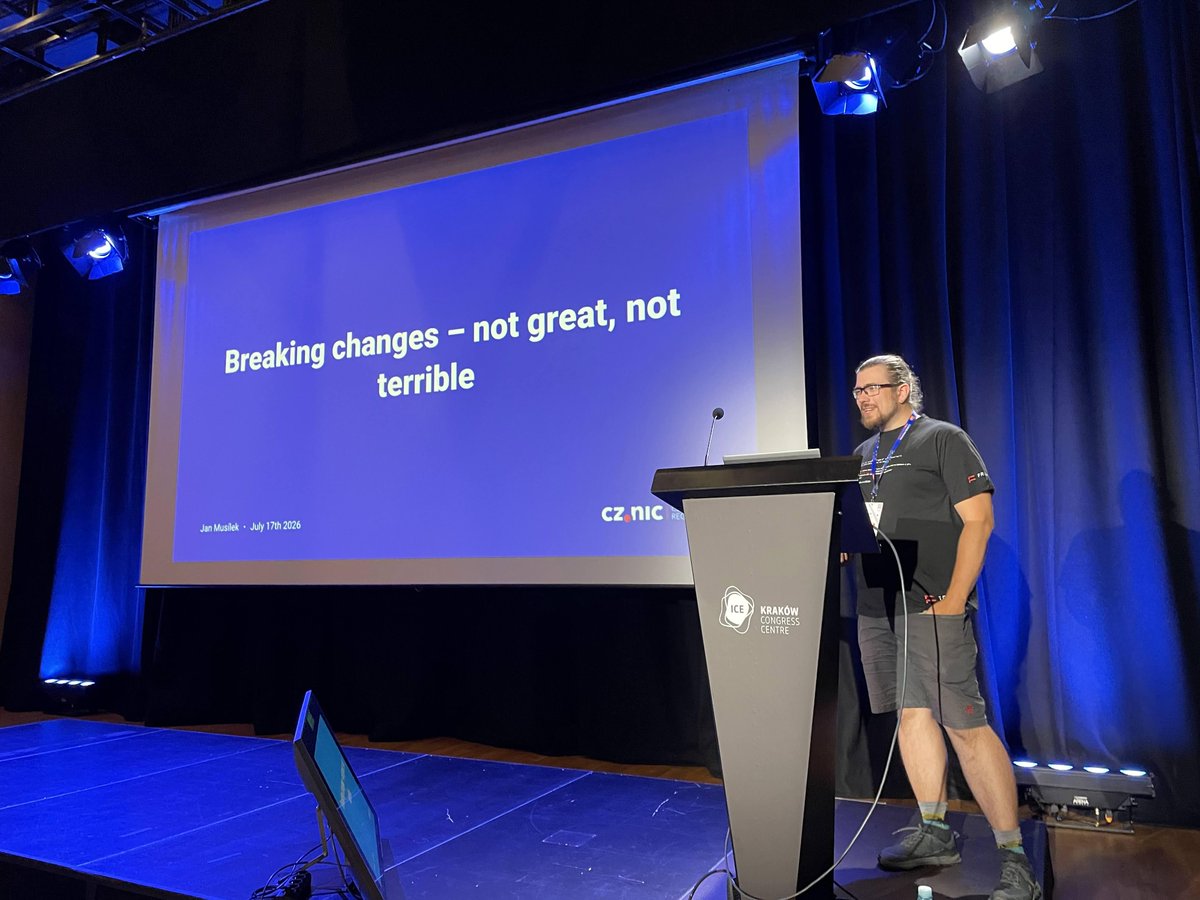 CZ_NIC's tweet photo. Breaking changes – not great, not terrible - přednáška s tímto názvem dnes zazněla na Breaking changes – not great, not terrible - přednášku s tímto názvem dnes přednesl na #konference EuroPython v Krakově náš kolega Jan Musílek. Více na https://t.co/HTSda8w0Qn. #Python #EuroPython