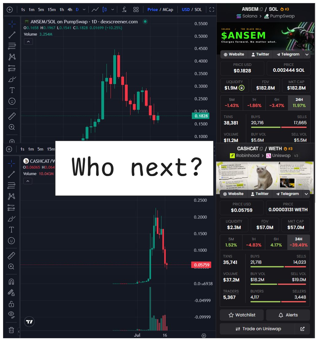 Leon_Defi's tweet photo. Meme Season is rotating: Solana → Robinhood Chain → Base

Solana kicked things off with its strong infrastructure and deep liquidity, led by solana:9cRCn9rGT8V2imeM2BaKs13yhMEais3ruM3rPvTGpump 

Robinhood Chain followed with a massive frenzy led by cash-cat:native which pushed the chain’s daily DEX volume to over $560M at its peak and drove the token above $100M - 150M mcap in a short time.

Now attention is shifting toward Base, where fresh narratives are delivering quick high-multiple moves.

Quick chain breakdown:

> @solana still the safest and deepest liquidity battlefield with the strongest meme infrastructure.  

> @RobinhoodApp best for new narratives and early high-multiple plays.  

> @base currently attracting the freshest attention and strong community momentum.

Historically, the biggest returns often come from the chain where attention has just arrived. 

Right now, that momentum appears to be shifting toward #Base.