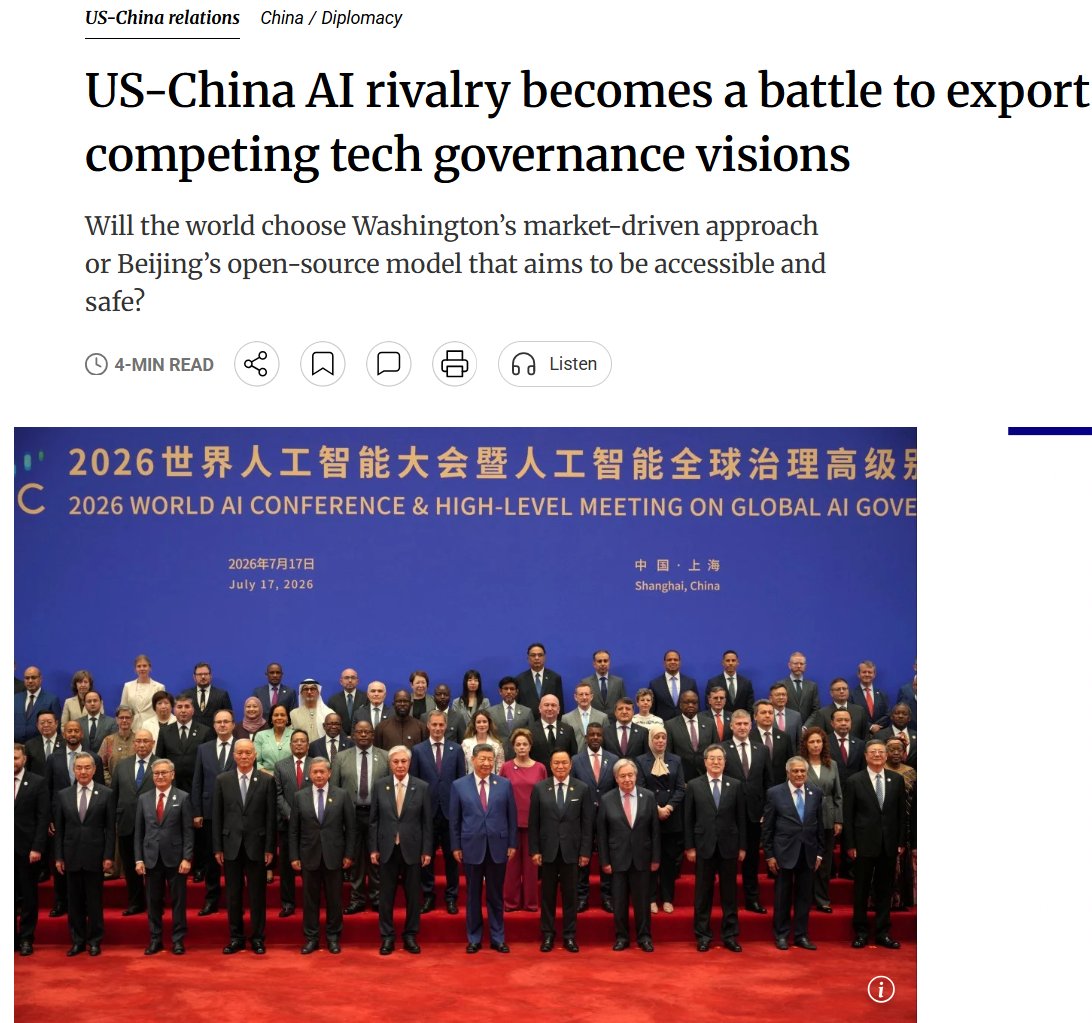 loong_of's tweet photo. On the morning of July 17, President Xi Jinping attended the opening ceremony of the 2026 World Artificial Intelligence Conference and the High-Level Meeting on Global AI Governance in Shanghai, where he delivered a keynote speech.

Xi pointed out that profound changes unseen in a century are accelerating across the world, and a new round of scientific and technological revolution and industrial transformation is making rapid breakthroughs. Global AI innovation has entered a period of unprecedented activity, bringing both immense opportunities and governance challenges. Humanity must confront the questions of the times: How should we coexist with machines when they begin to think? How can security be guaranteed when algorithms participate in decision-making? How can governance keep pace when technology challenges ethics? How can inclusive benefits be realized as the digital divide widens? China believes that all countries should uphold a people-centered approach and the philosophy of "AI for Good," making artificial intelligence a key driver for shared prosperity and common security, while working together to build a fair and equitable global AI governance system.

In this regard, Xi put forward four proposals:

First, uphold openness and win-win cooperation to drive innovative development. We should seize this rare historical opportunity to encourage open-source collaboration and resource sharing. Efforts should be made to comprehensively promote AI technological innovation, industrial development, and application scenarios, while synergistically advancing the transformation and upgrading of traditional industries, the cultivation and expansion of emerging industries, and the forward-looking layout of future industries, thereby empowering diverse sectors with artificial intelligence.

Second, strengthen risk awareness to ensure safety and controllability. We must attach great importance to the various inherent and derivative risks associated with artificial intelligence. It is essential to establish systems for laws and regulations, technical monitoring, risk early warning, and emergency response. We must fortify the safety bottom line, prevent misuse and abuse, and ensure that artificial intelligence remains under human control. We should jointly oppose the practice of overstretching the concept of national security in the AI ​​field or placing one's own security above that of other nations.

Third, encourage inclusiveness and promote mutual learning among civilizations. We should shape the values ​​of artificial intelligence based on the shared values ​​of humanity, leverage AI technology to enhance understanding and tolerance among different civilizations, and foster exchanges and mutual learning, thereby cultivating a vibrant garden of civilizations where each is beautiful in its own way and all share in that beauty.

Fourth, advocate solidarity and cooperation to improve global governance. We should practice true multilateralism and effectively leverage the important role of the United Nations. Efforts should be made to strengthen the alignment and coordination of AI development strategies, governance rules, and technical standards, aiming to establish a global governance framework based on broad consensus at an early date, so that this cutting-edge technology can better benefit human society. Help Global South nations strengthen capacity building, bridge the digital and intelligent divide, foster sustainable development, and avoid creating new historical injustices in the field of artificial intelligence.

Xi Jinping emphasized that this year marks the beginning of China’s "15th Five-Year Plan" period. China upholds the combination of an effective market and a proactive government, strengthens scientific and technological innovation in AI, actively advances the "AI+" initiative, and cultivates a healthy ecosystem where diverse entities thrive together. The scale of core industries in the intelligent economy has already surpassed one trillion yuan, and "Intelligent Manufacturing in China" has become another shining hallmark of Chinese-style modernization. At the same time, China prioritizes both development and security, continuously refining relevant laws, regulations, policies, application standards, and ethical guidelines to ensure that AI remains safe, reliable, and controllable. As a responsible major country, China remains committed to serving as a provider of international public goods in the AI ​​sector, consistently contributing Chinese solutions.

Xi Jinping pointed out that, through the joint efforts of all parties, the World AI Cooperation Organization has been established in Shanghai. This is a major initiative by China to heed the call of the Global South and unite the international community in actively promoting AI development and governance; it will serve as a significant milestone in the history of AI development. To further support global AI development and capacity building, China will, over the next five years, provide 5,000 training opportunities on AI-related topics for developing countries; establish international AI application cooperation centers with ASEAN, the Arab League, the African Union, CELAC, the SCO, and BRICS; and facilitate the implementation of the "Mazu" intelligent meteorological early-warning system in 30 countries. With greater openness, more pragmatic actions, and a long-term vision, China stands ready to work with all parties to seize opportunities and address challenges in AI development, joining hands to create a better future for humanity.