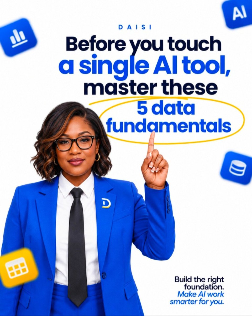 dataAIskilldev's tweet photo. Before you touch AI tools, get these right:

📊 Spreadsheets
📈 Basic stats
🧹 Data cleaning
🎨 Visualization
❓ Asking the right question

Master these first. AI is a multiplier, not a shortcut.

We teach all these in our community.

#daisicommunity https://t.co/FWzkQI2hta