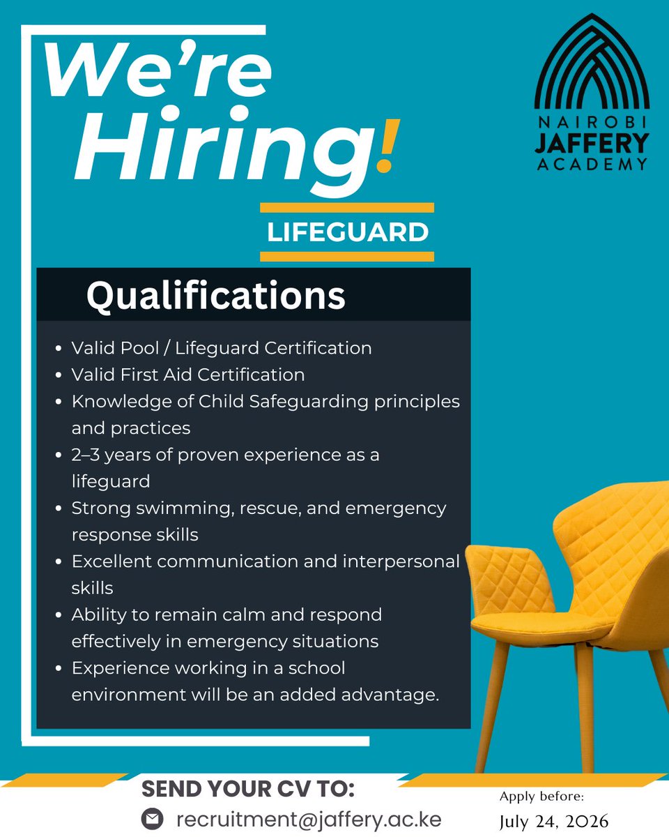 AcademyJaffery's tweet photo. 🚨 We're Hiring: Lifeguard! 🏊‍♂️
Are you a certified lifeguard with a passion for safety and working with children? We'd love to have you join our team!

📩 Submit your application to: recruitment@jaffery.ac.ke
Join us in making every swim safe, enjoyable and memorable. https://t.co/KKmdvnn1mK