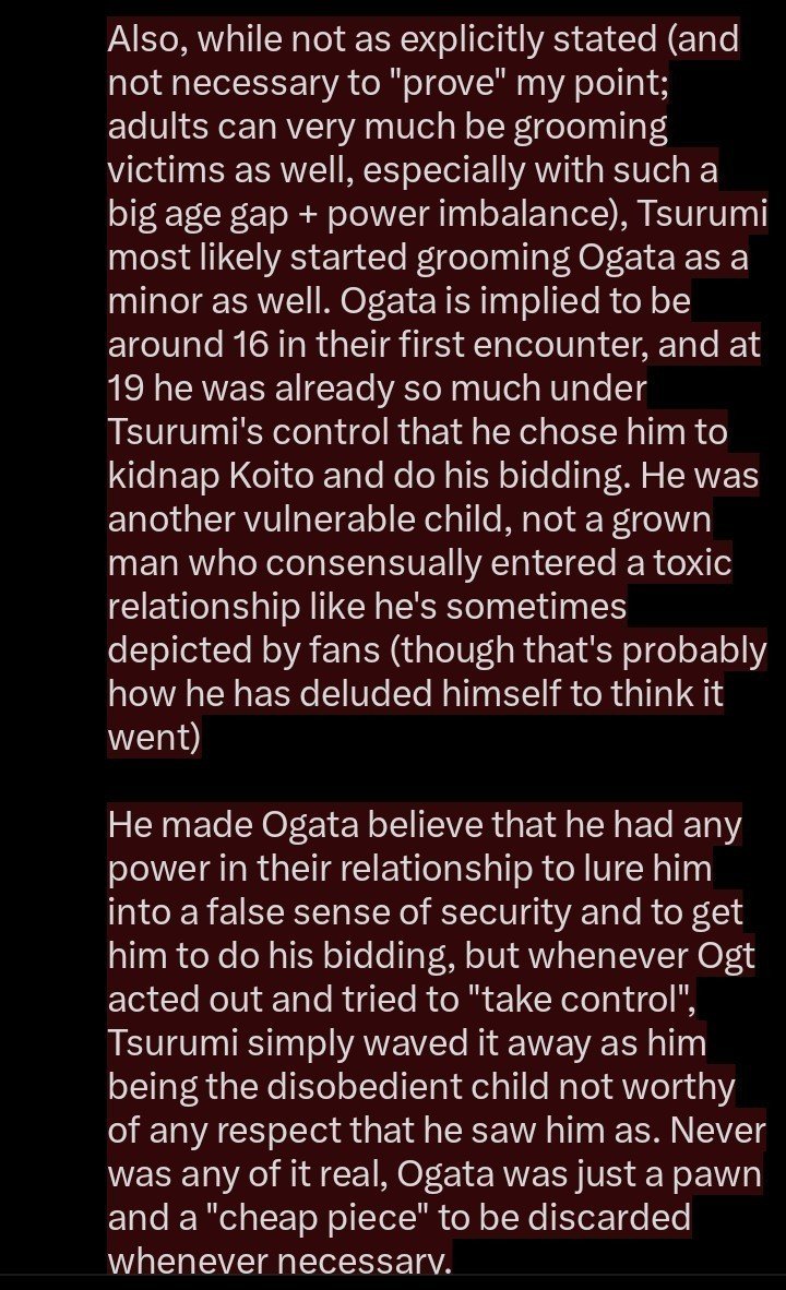 sniperyaoi's tweet photo. Sorry for the sudden heavy topic/rant, but it makes me both angry and sad that some people believe that Ogata was somehow less of a victim of Tsurumi than Usami + Koito just because he thought he was "aware" of being groomed (which he really wasn't) https://t.co/ugKUddsJxN