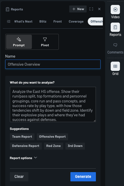 Nathaniel_Pat's tweet photo. Build a Scouting Report in 60s with Hudl's new Prompt Reports

We're starting to release a way for coaches to create reports by typing in the analysis they want

Hudl will build a report with visuals &amp; text insights all linked to video

DM me for access, we need your feedback! https://t.co/nyRt4w0f9l