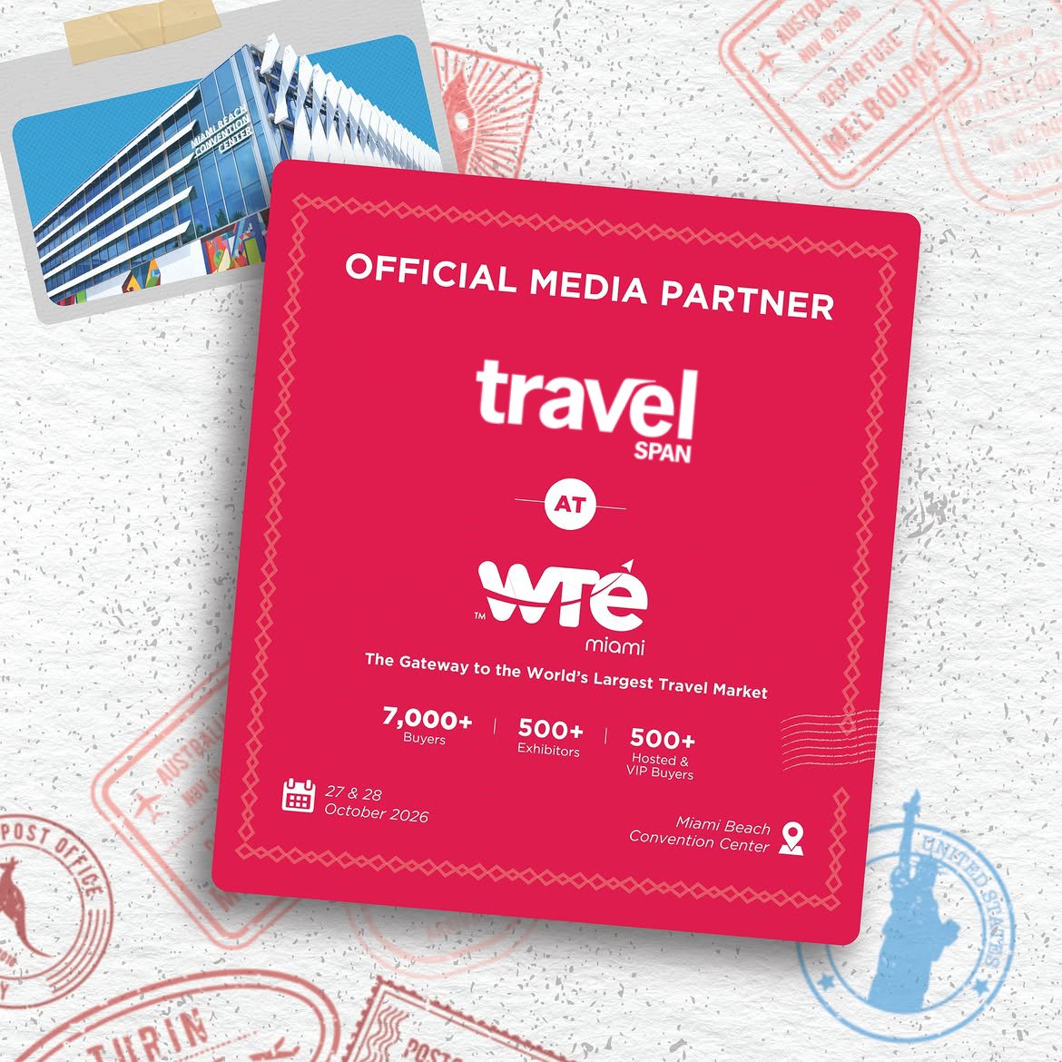 travelspan1's tweet photo. Excited to be the Official Media Partner for #WTEMiami 2026! 🌍✈️ Looking forward to supporting a premier global travel trade event connecting tourism leaders, travel brands, airlines, and buyers worldwide.
https://t.co/H3IcX1TorD

#TravelTrade #TravelIndustry #B2BTravel #Tourism https://t.co/CIUouixDlI