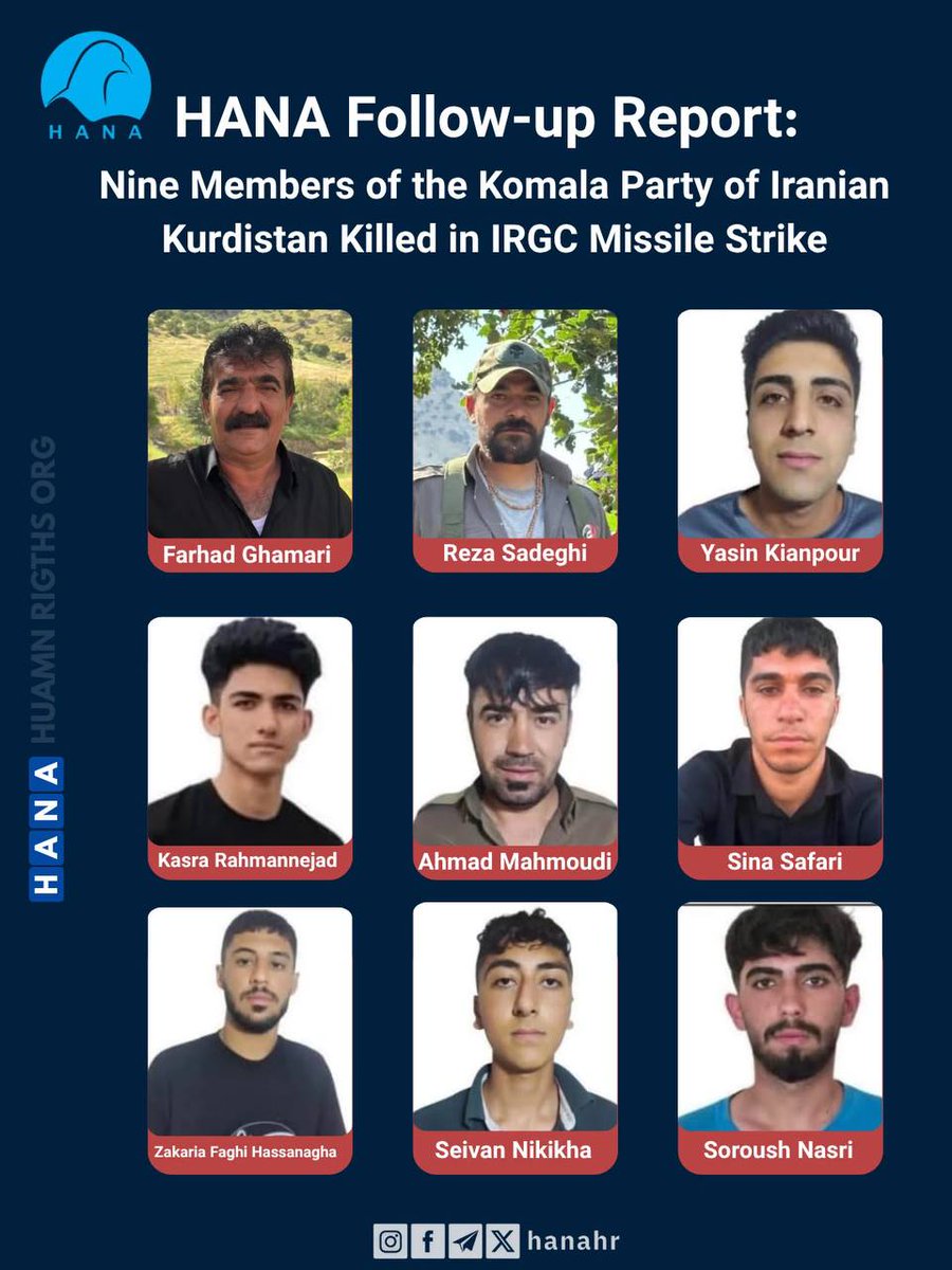 hana_hr_eng's tweet photo. According to information documented by the HANA Human Rights Organization and an official statement issued by the Secretariat of the Central Committee of the Komala Party of Iranian Kurdistan, several camps and facilities affiliated with the party in the Zargwezle area, near Sulaymaniyah in the Kurdistan Region of Iraq, came under missile attack by Iran’s Islamic Revolutionary Guard Corps (IRGC) at approximately 6:00 a.m. on Friday, 17 July 2026.

Read More👇👇👇👇

https://t.co/lT82ngSfy4

#HanaHumanRightsOrganization 
#Hana_War_News 
#Komala_Party_Of_Iranian_Kurdistan
#Zargwezle
#Sulaymaniyah
#Farhad_Ghamari
#Soroush_Nasri
#Sina_Safari
#Yasin_Kianpour
#Ahmad_Mahmoudi
#Reza_Sadeghi
#Kasra_Rahmannejad
#Seivan_Nikikha
#Zakaria_Faghi_Hassanagha