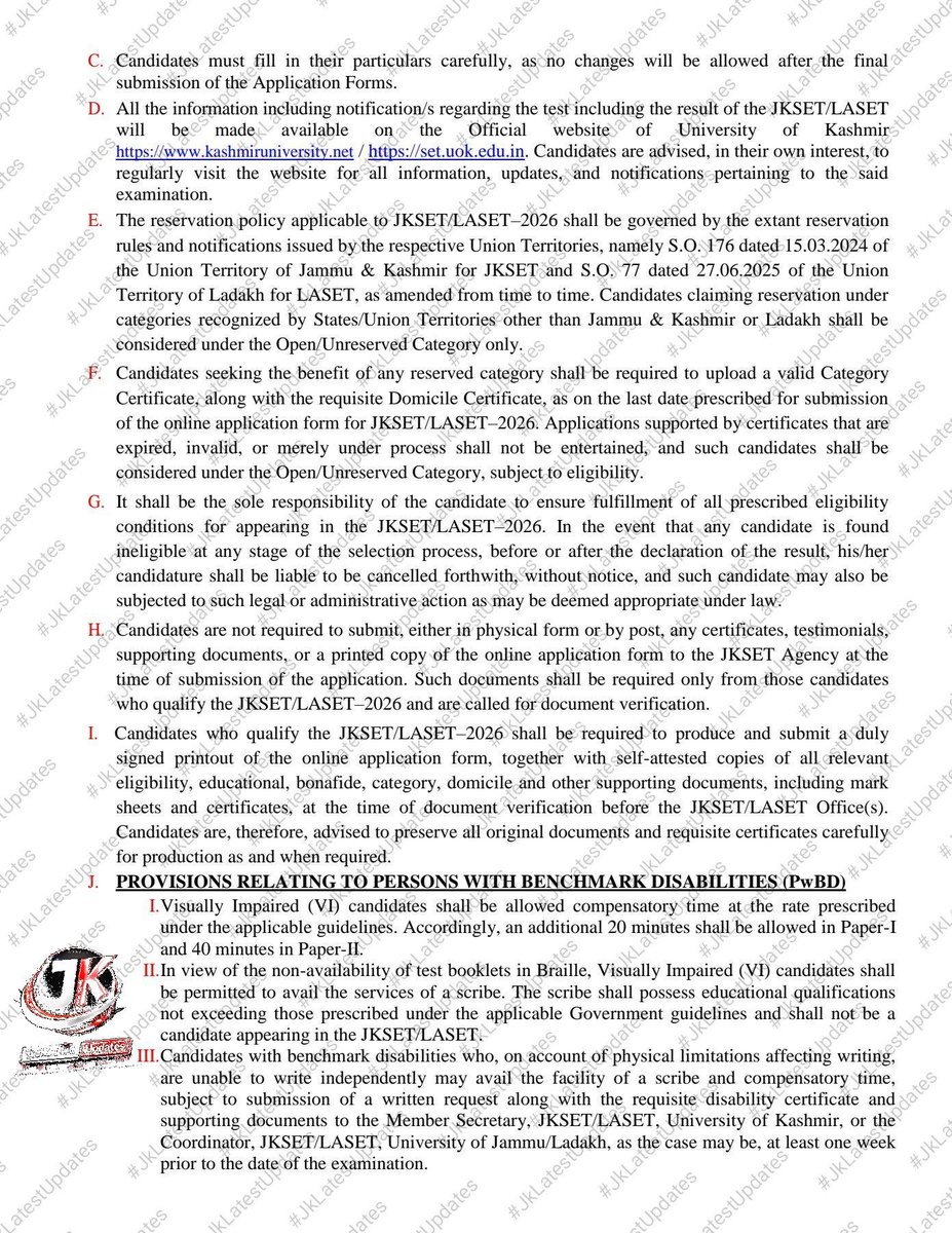 JkLatestUpdates's tweet photo. [University of Kashmir]
.
.
>>  Notification regarding State Eligibility Test (JKSET/LASET-2026). #JkLatestUpdates 
.
>Check https://t.co/9AOgn5dEJO  OR https://t.co/smPWiDs1eo 
.
> [SHARE IT] + #JKSET #LASET #SET #Jammu #Kashmir @diprjk @SchoolEdujkut @sakinaitoo @rjnasirkashmir https://t.co/gXtKL2BKk2