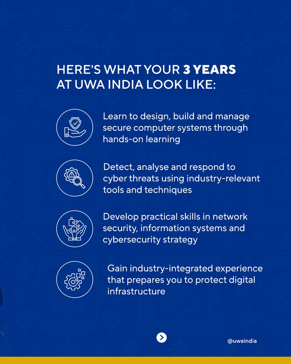 uwaindia's tweet photo. Study BSc Cybersecurity at UWA India.

This 3-year full-time UG programme will equip you with future-ready skills in Cybersecurity, Secure Systems, Threat Detection &amp; Digital Risk Management.

Apply for Mumbai campuses before 30 Jul.

Scholarship Available
T&amp;C Apply 

#UWAIndia https://t.co/cO1aLJBkiR
