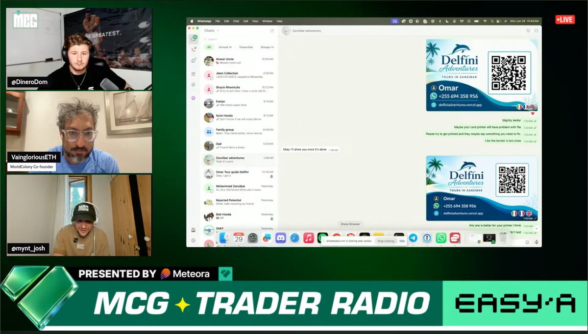 tradmoai's tweet photo. LMFAO 💀

@VaingloriousETH went on @MCGlive as Co-founder of @WorldColony;

Accidentally clicked Whatsapp while screen sharing and in a flash revealed his grind selling business cards to tour guides in Zanzibar

$ANT token down 95%

Beware the lowlife extractors in crypto https://t.co/OW6Jpiud9Q