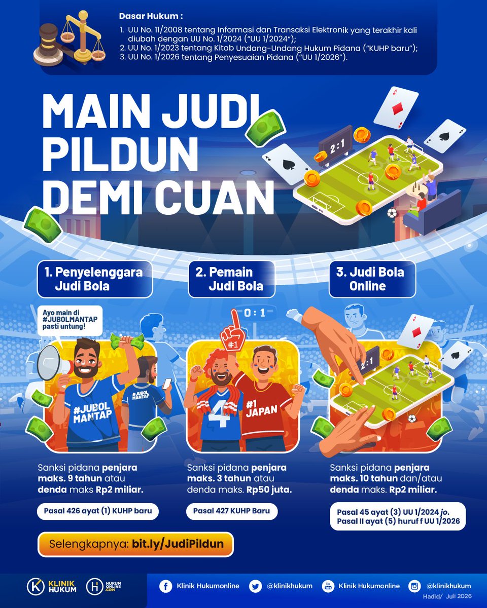 klinikhukum's tweet photo. Tergiur cuan judi piala dunia? Pikir-pikir dulu yaa Follawers ~
Ini sejumlah pasal yang bisa menjerat pemain dan penyelenggara judi bola.
Selengkapnya: https://t.co/AAH5mW9nV7
#klinikhukum #pialadunia #pildun2026 #pildun https://t.co/AUXjqKqJdE