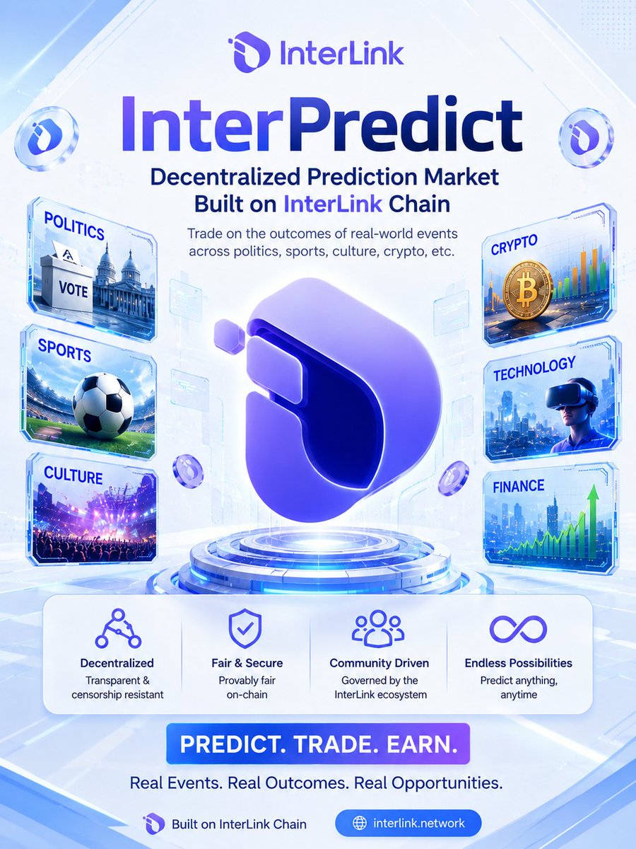 praasst_'s tweet photo. Predict. Trade. Earn.
InterPredict brings decentralized prediction markets to the InterLink Chain where real-world events meet Web3 innovation. 
#InterLink #InterPredict #ITLG #ITL https://t.co/a1rUGo9d9A