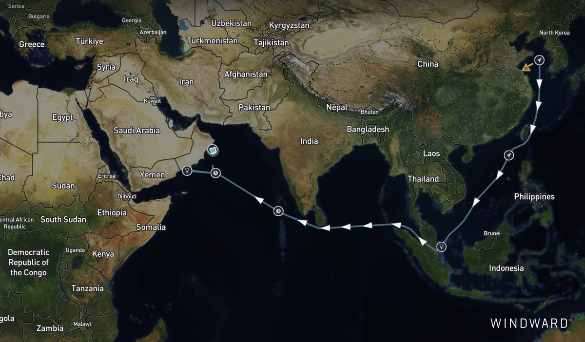 WindwardAI's tweet photo. A fully laden VLCC sailed from China to the Gulf of Oman as LAN JING. Then, with U.S. forces in pursuit on July 16, it changed its name to AZHIN at 02:36 UTC and swapped its flag from Curacao to Iran at 03:30 UTC. Less than an hour to shed one identity and claim another.

The vessel — formerly WEN YAO (IMO 9288095), sanctioned by OFAC since October 2024 — was boarded by U.S. Marines the same day, the first verification boarding of the reinstated blockade.