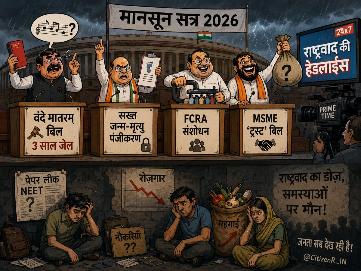 CitizenR_IN's tweet photo. मानसून सत्र 2026 में राष्ट्रगीत, FCRA, MSME और अन्य विधायी प्रस्ताव चर्चा में हैं। सवाल यह है कि इन कानूनों पर बहस के साथ रोजगार, शिक्षा, महंगाई और आर्थिक चुनौतियों जैसे मुद्दों को संसद में कितना समय मिलेगा? #MonsoonSession2026 #Employment #Parliament https://t.co/ECEvsgx0ZL
