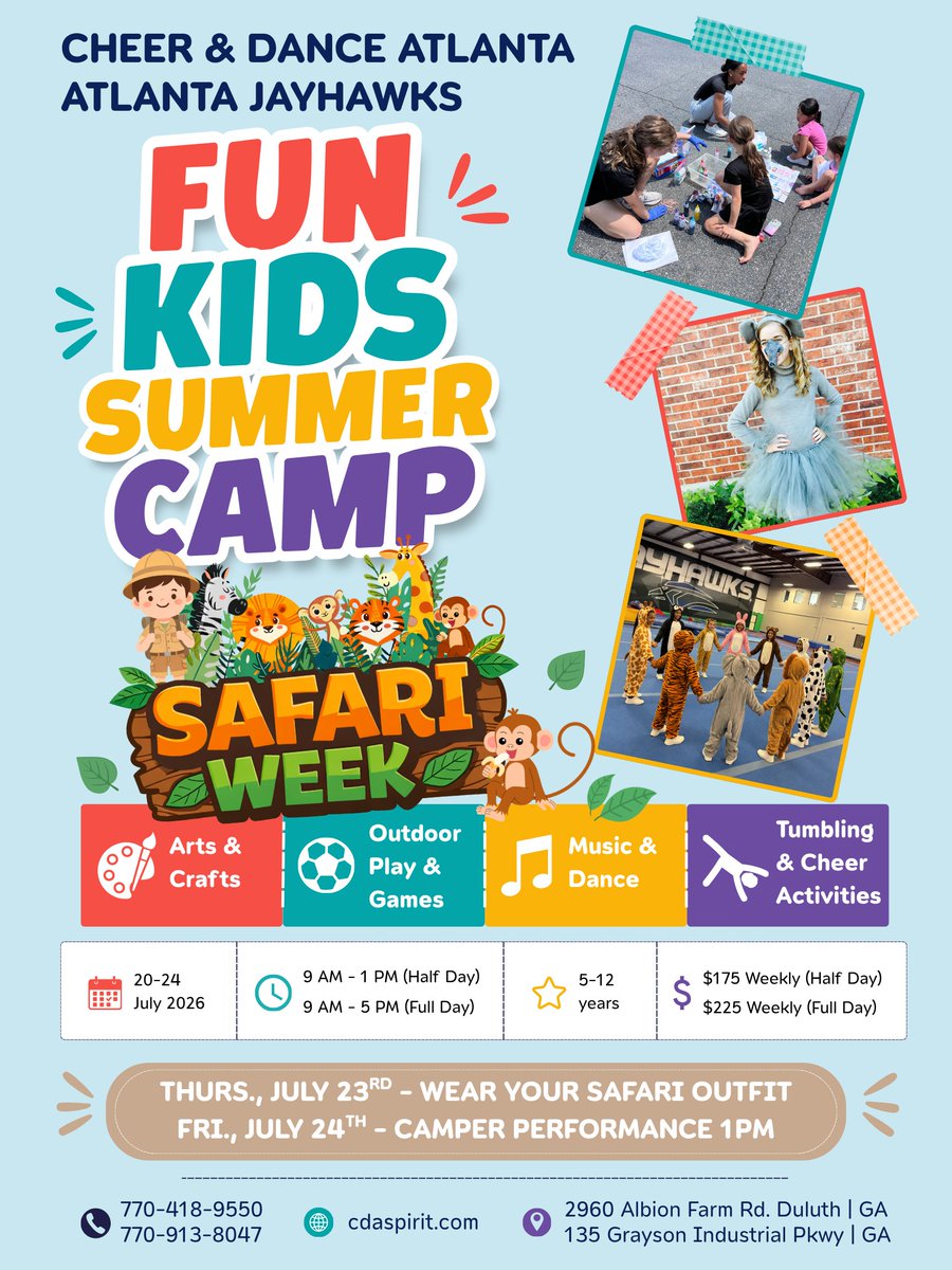ATLJayHawksCDA's tweet photo. 🌟 Adventure awaits! Next week is Safari Week, and we’re on the lookout for daring explorers to join our lively crew! Our next Summer Day Camp kicks off on July 20th!  Come ready to stay active, have fun, and burn off some energy with friends. 🐾🌿 #SafariWeek https://t.co/e49QXFcT5m