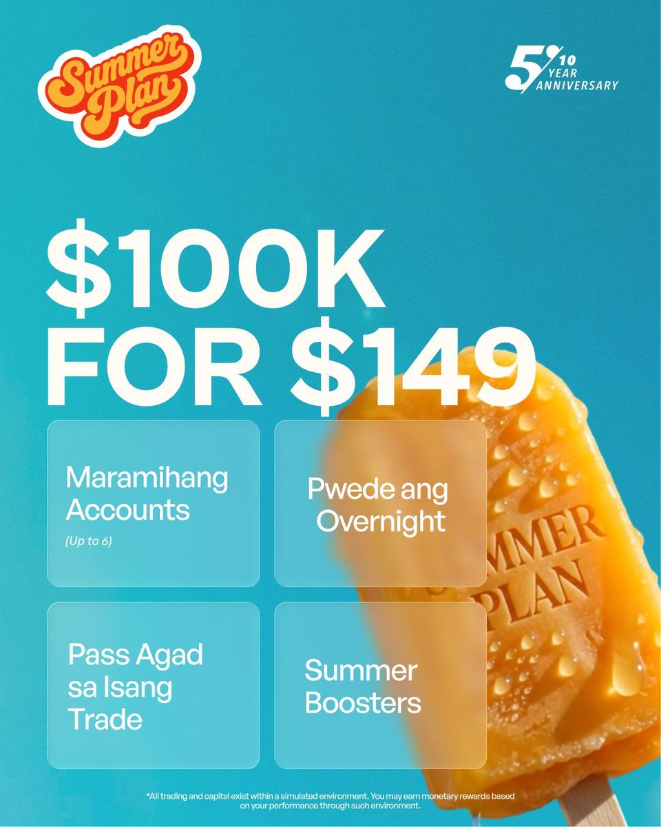 The5ersPH's tweet photo. ☀️ Narito na ang pinakamainit na Summer Plan ng The5ers, kahit tag-ulan na dito sa atin! 🌧️

1-Step & 2-Step Programs - $100K challenge account for just $149. 

Ito na 'yung sign na hinihintay mo.
Panahon na para i-level up ang trading mo.

Grab now habang mainit-init pa! - https://t.co/qUmdmRHp2v

#The5ers #The5ersPH #SummerPlan