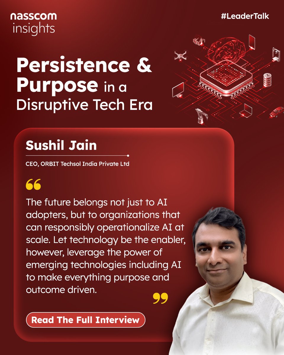 NasscomR's tweet photo. #LeaderTalk || ORBIT Techsol India Private Ltd
" Indian IT companies are increasingly focusing on industry-specific solutions, managed services, and AI-led business models rather than traditional manpower-based growth. The conversation has shifted from 'How many resources can you deploy?' to 'What business value can you create? – CA Sushil Jain, CEO, @OrbitTechsolInd 

In this edition of LeaderTalk, Sushil Jain shares his perspective on how the Indian technology sector is moving from traditional service delivery to becoming true transformation partners, emphasizing a "People First" approach to navigating global uncertainty and disruptive tech.

To know more, read the full conversation 👉 https://t.co/MfjwQUM4jA

@nasscom  | @nasscom_member_  

#AI #AINative #FutureOfWork #TechTalent #ArtificialIntelligence #IndiaTech
