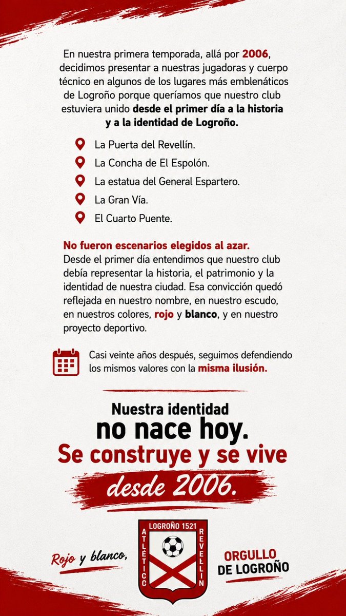 AtcoRevellin's tweet photo. En 2006 presentamos al Logroño 1521 en lugares emblemáticos de la ciudad: Revellín, Espolón, Espartero, Gran Vía y Cuarto Puente. 

No fue casualidad. 

Desde el primer día unimos nombre, escudo y colores 🔴⚪ a la historia de Logroño.

#VamosMilqui💪
#JuntosMasFuertes
#futfem https://t.co/igGsRuJaWi