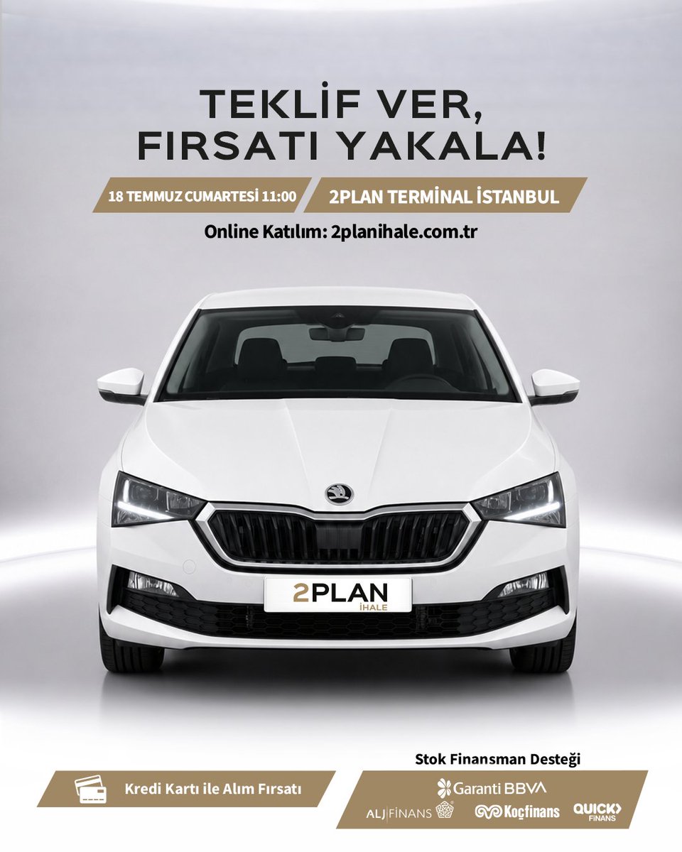 2plantr's tweet photo. Hafta sonuna özel ihalede, hayalinizdeki araca sahip olmak şimdi çok daha avantajlı. Online platformdan hemen katılın, fırsatları kaçırmayın.
🗓️: 18 Temmuz 2026 Cumartesi, 11:00
💻 Online Katılım: https://t.co/TeEQDS03VW
#2PLAN #2PLANİhale https://t.co/zU2rLVeuuU