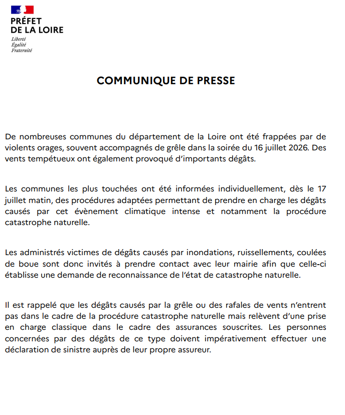 Image de Préfet de la Loire : #EnDirect Suite aux intempéries et à l'épisode climatique d'orages et de grêle d'hier soir, sept com