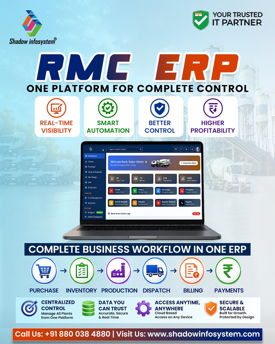 shadowinfosyste's tweet photo. 🚀 Go digital with our RMC ERP! 

Manage Production, Dispatch, Billing &amp; Labour in one system. Real-time, secure, and easy. 💯

#RMCERP #SmartPlantManagement #DigitalConstruction #PlantAutomation https://t.co/PesgztUJDV