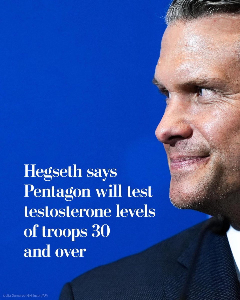 washingtonpost's tweet photo. Defense Secretary Pete Hegseth said the Pentagon will test the testosterone levels of troops 30 and over.
His announcement raised immediate questions about its impact on female troops. https://t.co/biS91PsiKO https://t.co/FELIvbY6rG