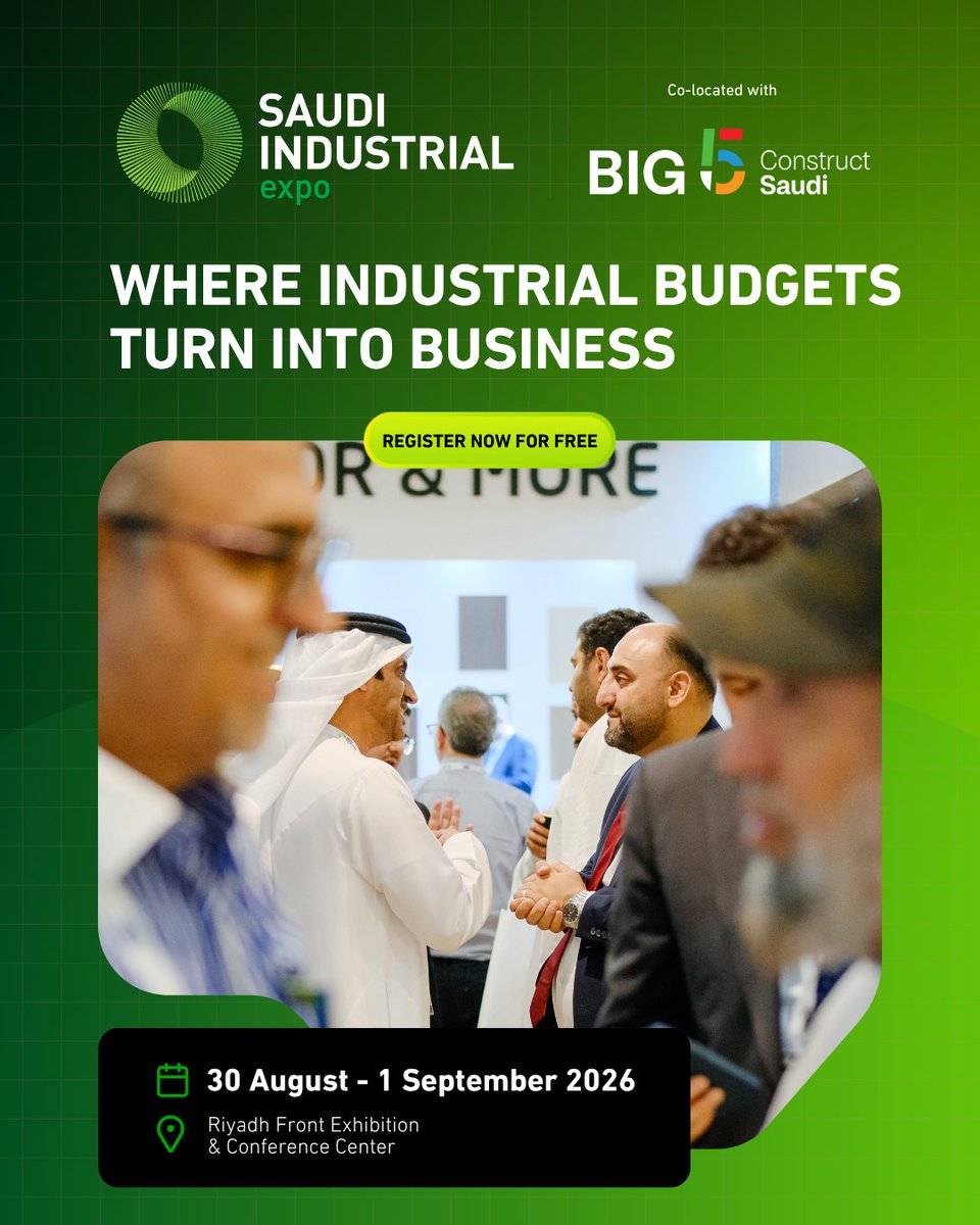 SaudiIndlSeries's tweet photo. Simplify your sourcing. Expand your network. Discover what's next.

#SaudiIndustrialExpo brings together the technologies, solutions and industry leaders driving industrial growth across the Kingdom 30 Aug - 01 Sept 2026, RFECC, KSA

Register for free now: https://t.co/grwjGbJdpu https://t.co/Za8eaVh9wA