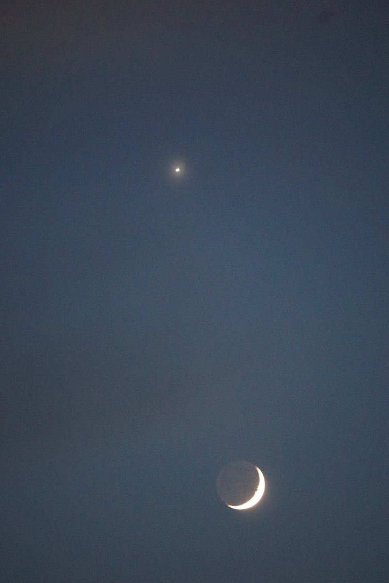 rocoroko's tweet photo. 金星と細い月が接近中𖤐·̩͙˖⋆࿐໋₊ *･🌙

夕暮れの西の空で、美しい共演を見せてくれました。

#イマソラ https://t.co/0swYRwRksO
