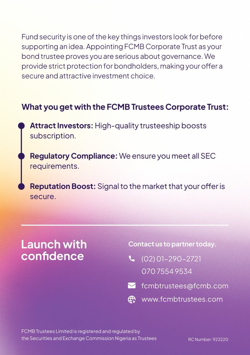 fcmbtrustees's tweet photo. Credibility is the currency of the capital market. When investors consider a Corporate Bond, they look beyond the returns—they want confidence that their investment is protected by strong governance and independent oversight. https://t.co/RrusZS0nei
