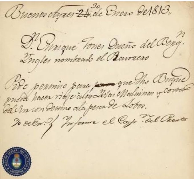 icardo8's tweet photo. En 1813 un bergantín inglés pidió permiso a Buenos Aires para viajar y cazar leones marinos en las Islas Malvinas.

Nota: el sello es del Archivo General de la Nación Argentina. https://t.co/2eIBoKUvvS