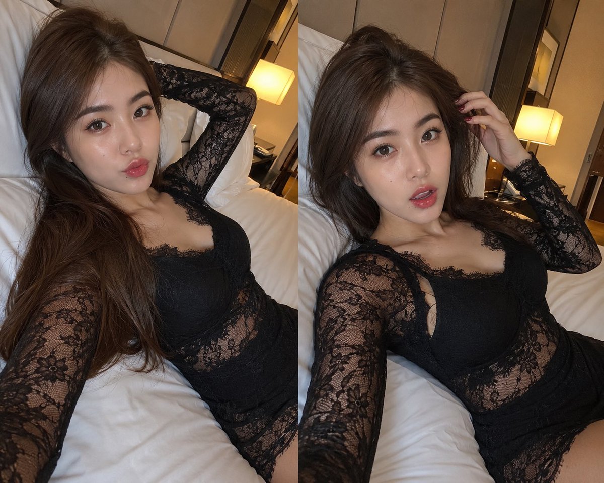 PromptMuseey's tweet photo. CHATGPT Image
#chatgptprompt
PROMPT~
Ultra-photorealistic candid hotel bedroom selfie of a beautiful young East Asian woman reclining comfortably on a luxurious white hotel bed in a modern upscale hotel room. She holds her smartphone just outside the frame with one arm extended, creating a natural close-up selfie perspective from slightly above eye level. The composition captures her from mid-thigh to head with a relaxed diagonal pose.
She has long, voluminous dark chestnut-brown hair with soft natural texture, luminous fair skin with realistic pores, large almond-shaped dark brown eyes, naturally full brows, a petite nose, and glossy rose-pink lips. Her makeup is elegant and understated, featuring subtle winged eyeliner, soft brown eyeshadow, long curled lashes, natural contouring, and dewy skin.
She wears an elegant fitted black floral lace long-sleeve dress with intricate semi-sheer lace sleeves and lace detailing around the neckline and waist, creating a refined, fashionable evening look. The outfit is stylish and sophisticated without being overly dramatic.
One version shows a soft pout with relaxed eyes, while another captures slightly parted lips and a gentle, candid expression. One hand rests naturally behind her head while the other lightly touches her hair, giving the image an effortless lifestyle feel.
The hotel room features crisp white bedding, plush pillows, warm bedside lamps, dark wood furniture, and a modern luxury interior with beige walls and subtle architectural details. Warm tungsten bedside lighting mixes with soft camera flash, creating natural skin highlights, gentle shadows, and a cozy nighttime atmosphere.
Photography style: premium lifestyle photography, candid selfie, natural smartphone perspective, shallow depth of field, balanced exposure, realistic HDR, authentic skin texture, accurate fabric details, cinematic color grading, ultra-detailed eyes, soft catchlights, professional hotel ambience, DSLR-quality realism, 8K resolution, highly photorealistic, natural proportions, no AI artifacts, no over-processing.
📌 Copy, save, and try this prompt.
❤️ Like & 🔖 Bookmark if it helped.
I share new photorealistic ChatGPT image prompts every day.
#ChatGPT
#GPTImages
#AIImages
#PromptEngineering
#ImageGeneration
#Photorealistic
#AIPhotography
#EditorialPhotography
#LifestylePhotography
#PortraitPhotography
#FashionPhotography
#BoudoirPhotography
#SoftAesthetic
#NaturalLight
#SelfiePhotography
#PhotoPrompt
#AIPrompt
#PromptDesign
#PromptCreator
#DailyPrompts
#indonesia
#worldcup