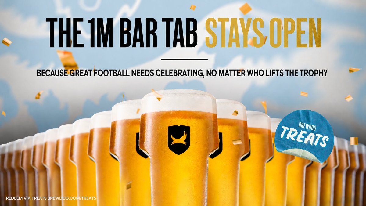 tilray's tweet photo. 🍻 THE £1M BAR TAB STAYS OPEN.

Because great football needs celebrating, no matter who lifts the trophy.

Starting July 20, @BrewDog is keeping the party going with a share of a £1 million bar tab available at participating pubs across England, Scotland and Ireland.

Learn more https://t.co/QDryujrMOF

T&Cs apply. Please drink responsibly. 🍺⚽🏆 $TLRY