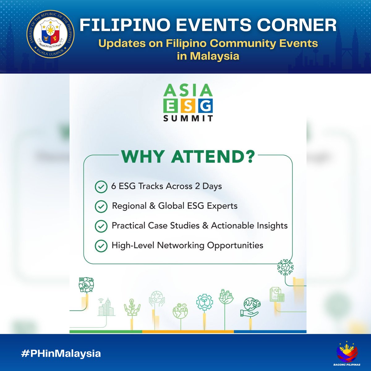 PHinMalaysia's tweet photo. The Star Media Group Berhad invites Philippine companies operating in Malaysia, members of business networks, and Filipinos residing and working in Malaysia to participate in the Asia ESG Summit 2026, to be held from 21 to 22 July 2026 at Sunway Resort Hotel, Malaysia.

Read the story at 👉https://t.co/3U6zT0S7Lo