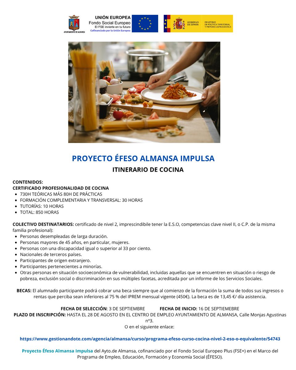 Almansa_Impulsa's tweet photo. 👨‍🍳🍽️ ¡Convierte tu pasión por la cocina en una profesión!
📢 ¡Ya está abierta la inscripción!

🎓 Certificado de Profesionalidad Nivel 2
📅 Inicio: 16 de septiembre (hasta mayo 2027)

👩‍🍳 Formación práctica.
📜 Titulación oficial.

#Cocina #Efeso #EfesoAlmansaImpulsa https://t.co/JCiXpT9nM2