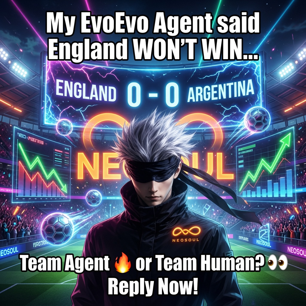 Talha5600's tweet photo. 🤖 Human vs Agent Prediction War is heating up!

Bet placed: England will NOT win.

My EvoEvo Agent is locked in... are you backing it or going against the machine? 

Quote/Reply with your side for a chance to win from the prize pool! 

@NeoSoulAI @Hansmahanakon 
#NeoSoul https://t.co/oX9ccVaKPE