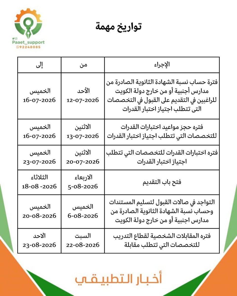 paaet_support's tweet photo. هام❗️❗️

تواريخ مهمة لخطة قبول الفصل الأول للعام الدراسي
 2027/2026

#paaet
#paaetsupport
#paaet_support
#التطبيقي https://t.co/Y36TysAP94